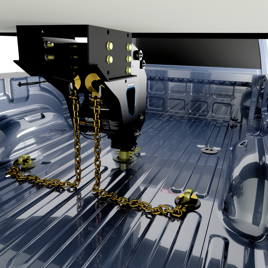 two safety chains with hooks on each end attached to the B&W fifth wheel to gooseneck adapter and to safety chain hooks in the bed of a pickup