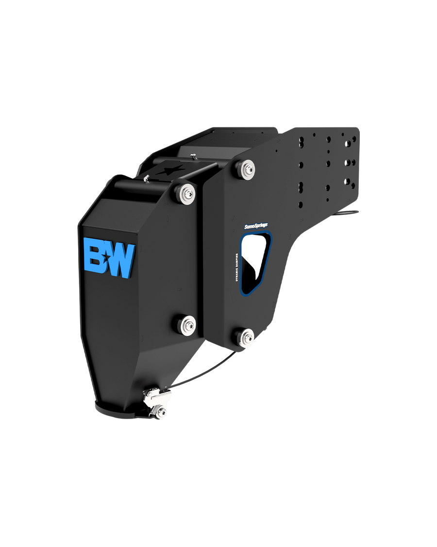 A black Standard B&W Fifth Wheel to Gooseneck Adapter that has a blue B&W logo on the front of the adapter.