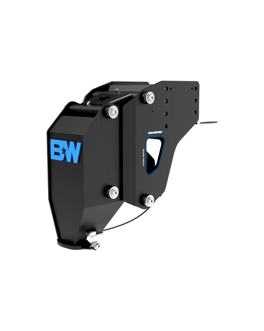 A black Rhino B&W Fifth Wheel to Gooseneck Adapter that has a blue B&W logo on the front of the adapter.