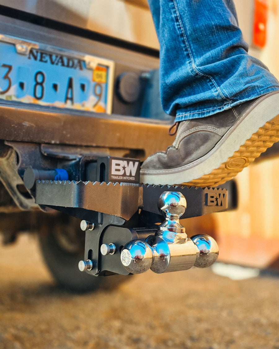 B&W Trailer Hitches black hitch step mounted on a Tow & Stow.