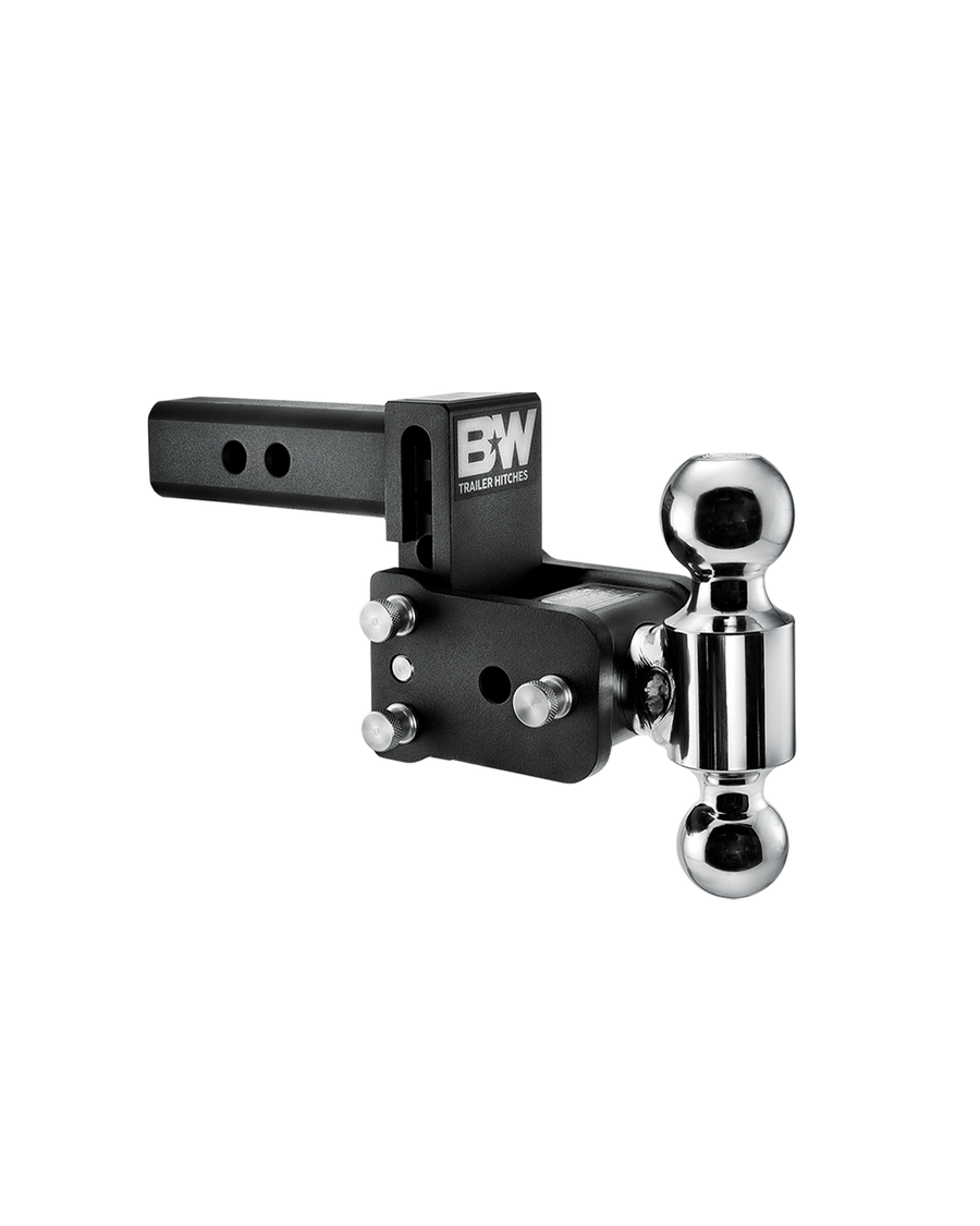 B&W dual ball, black Tow & Stow Adjustable Ball Mount with a 3" drop.