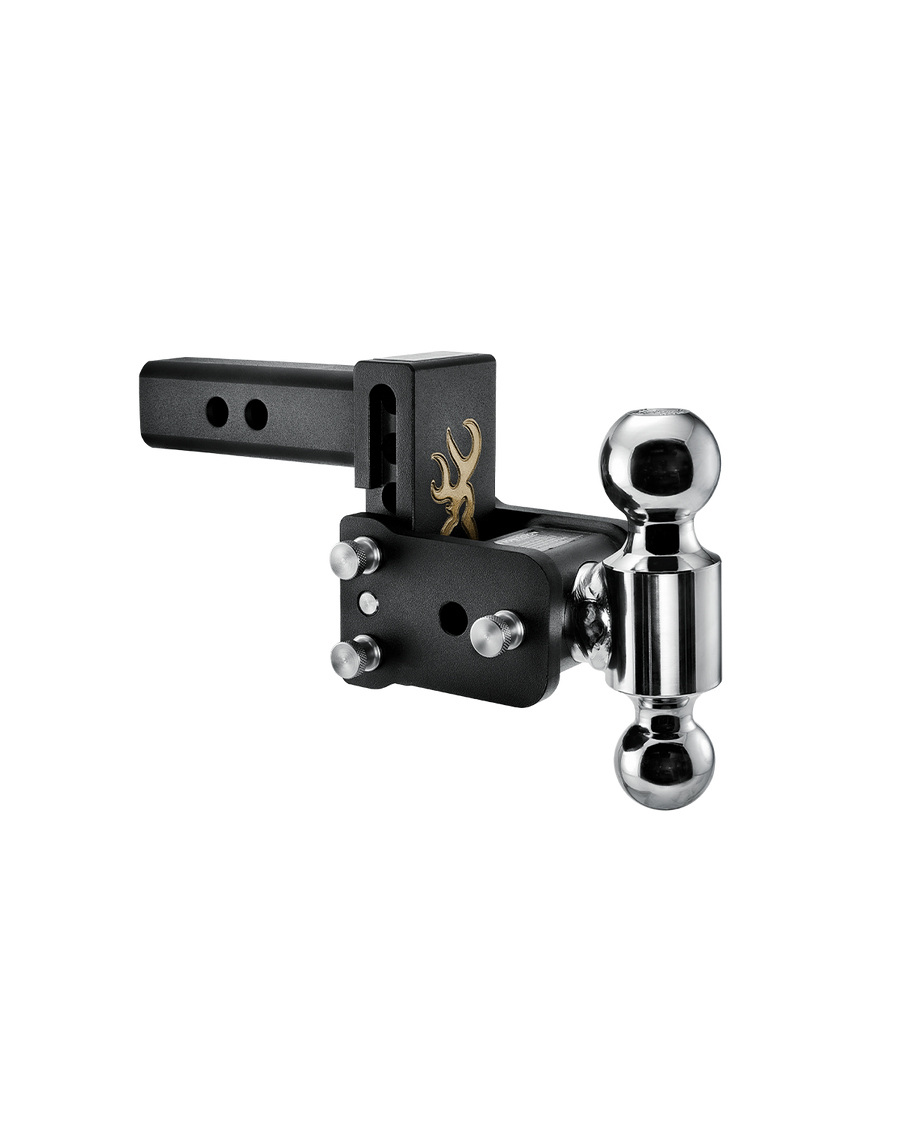 B&W dual ball, black Tow & Stow Adjustable Ball Mount with a 3" drop and a Browning logo.