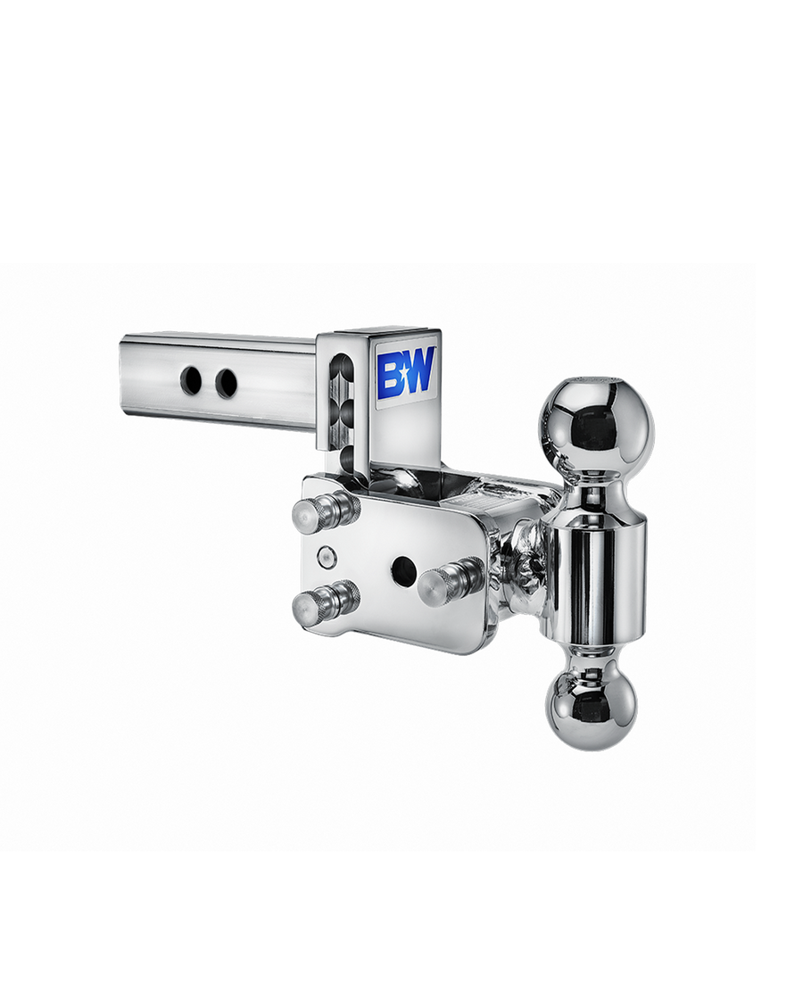 B&W dual ball, chrome Tow & Stow Adjustable Ball Mount with a 3" drop.