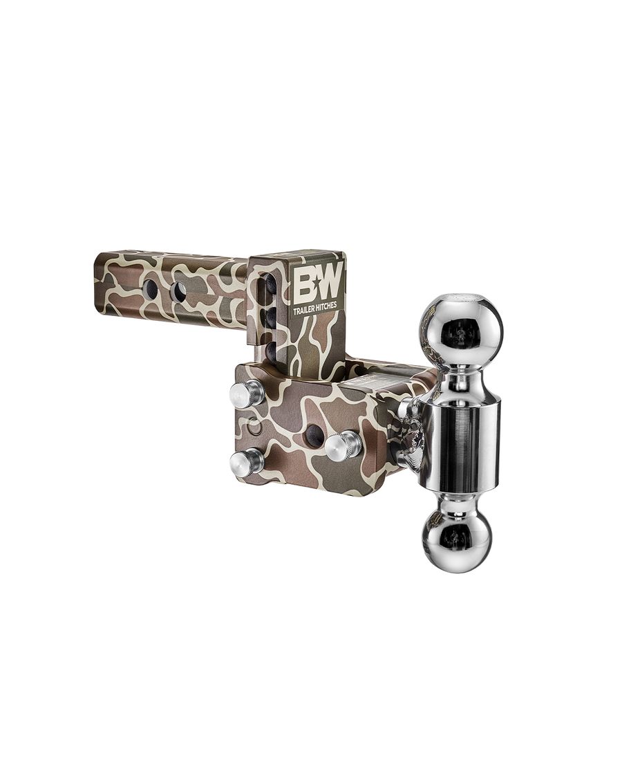 B&W dual ball, camo Tow & Stow Adjustable Ball Mount with a 2" shank and a 3" drop.
