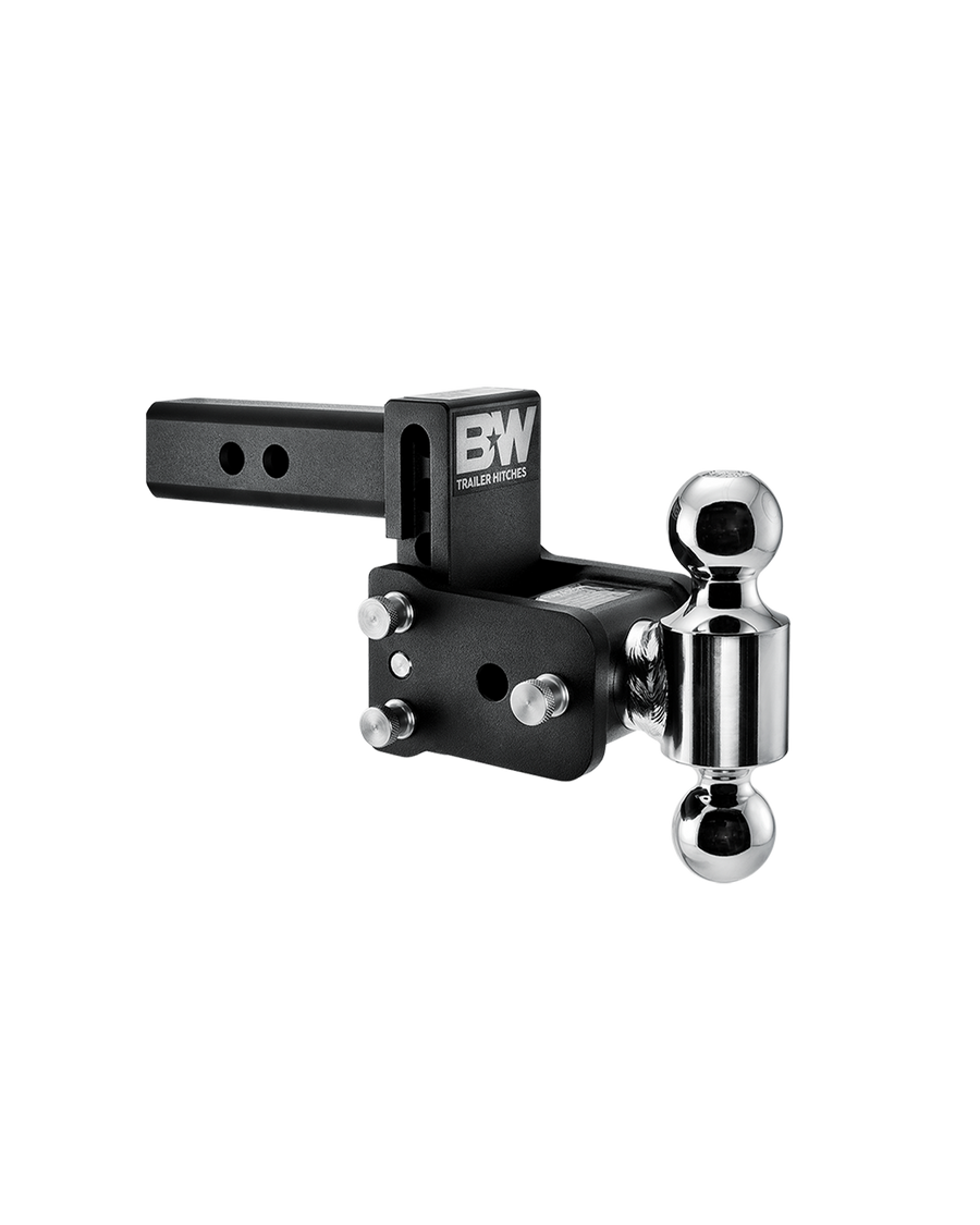 B&W dual ball, black Tow & Stow Adjustable Ball Mount with a 3" drop.