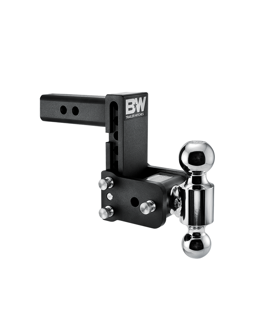 B&W dual ball, black Tow & Stow Adjustable Ball Mount with a 5" drop.