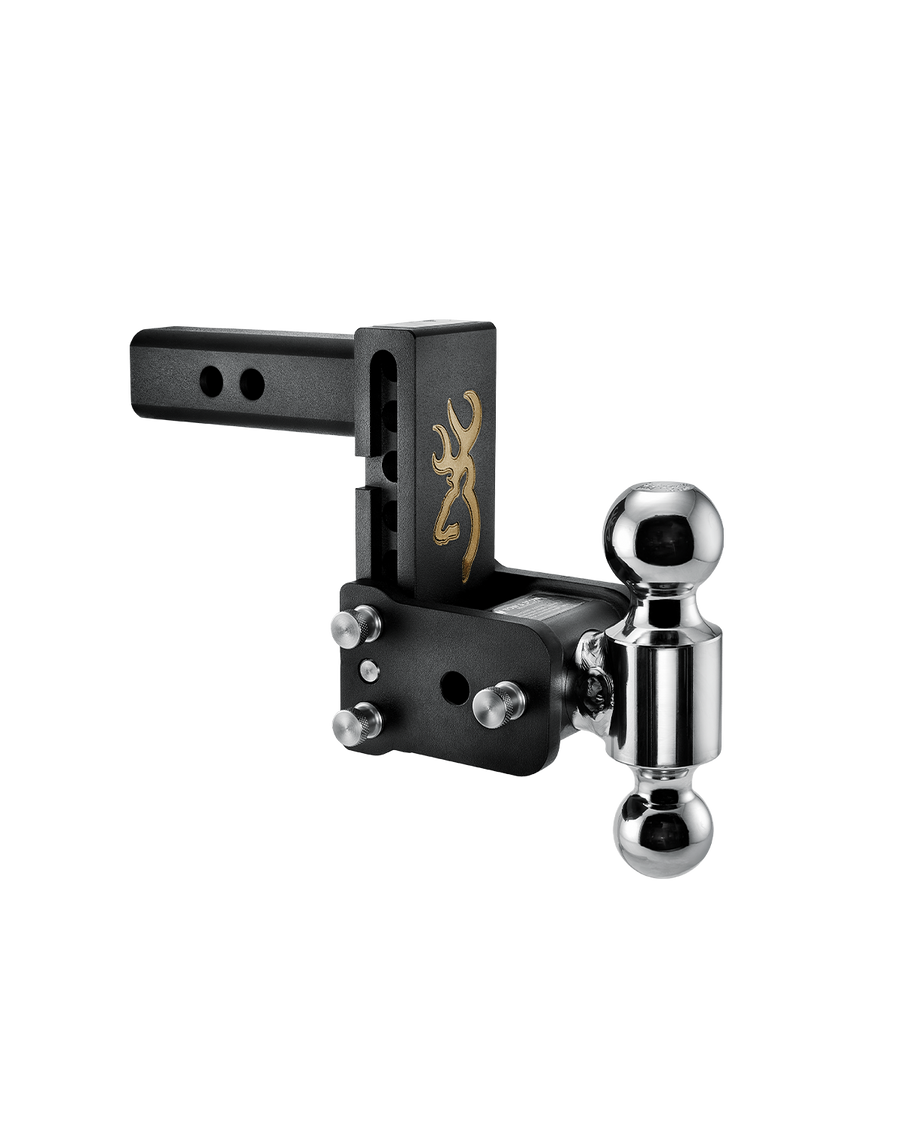 B&W dual ball, black Tow & Stow Adjustable Ball Mount with a 5" drop and a Browning logo.