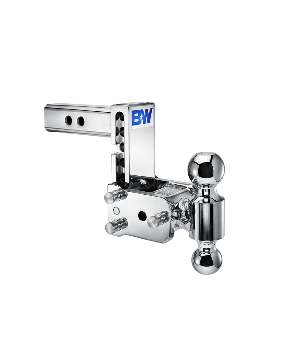 B&W dual ball, chrome Tow & Stow Adjustable Ball Mount with a 5" drop.