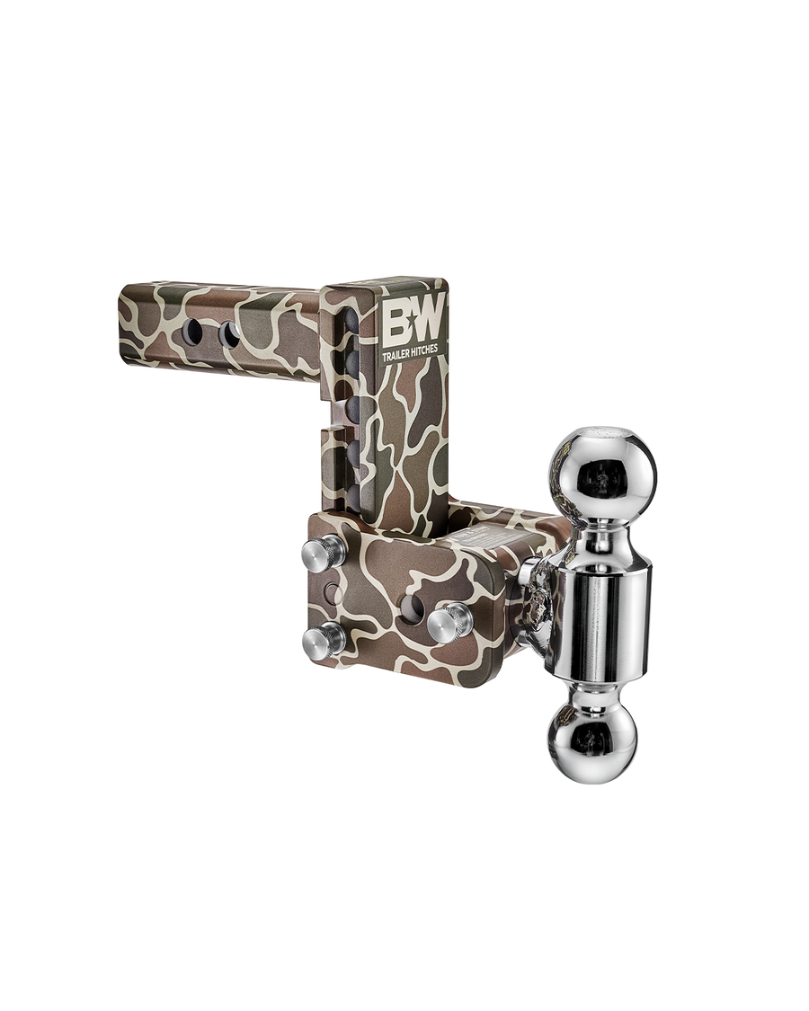 B&W dual ball, camo Tow & Stow Adjustable Ball Mount with a 2" shank and a 5" drop.
