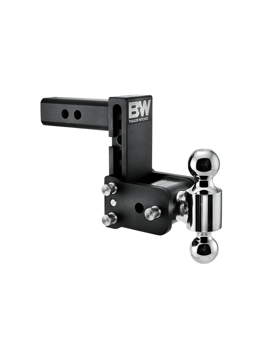 B&W dual ball, black Tow & Stow Adjustable Ball Mount with a 5" drop.