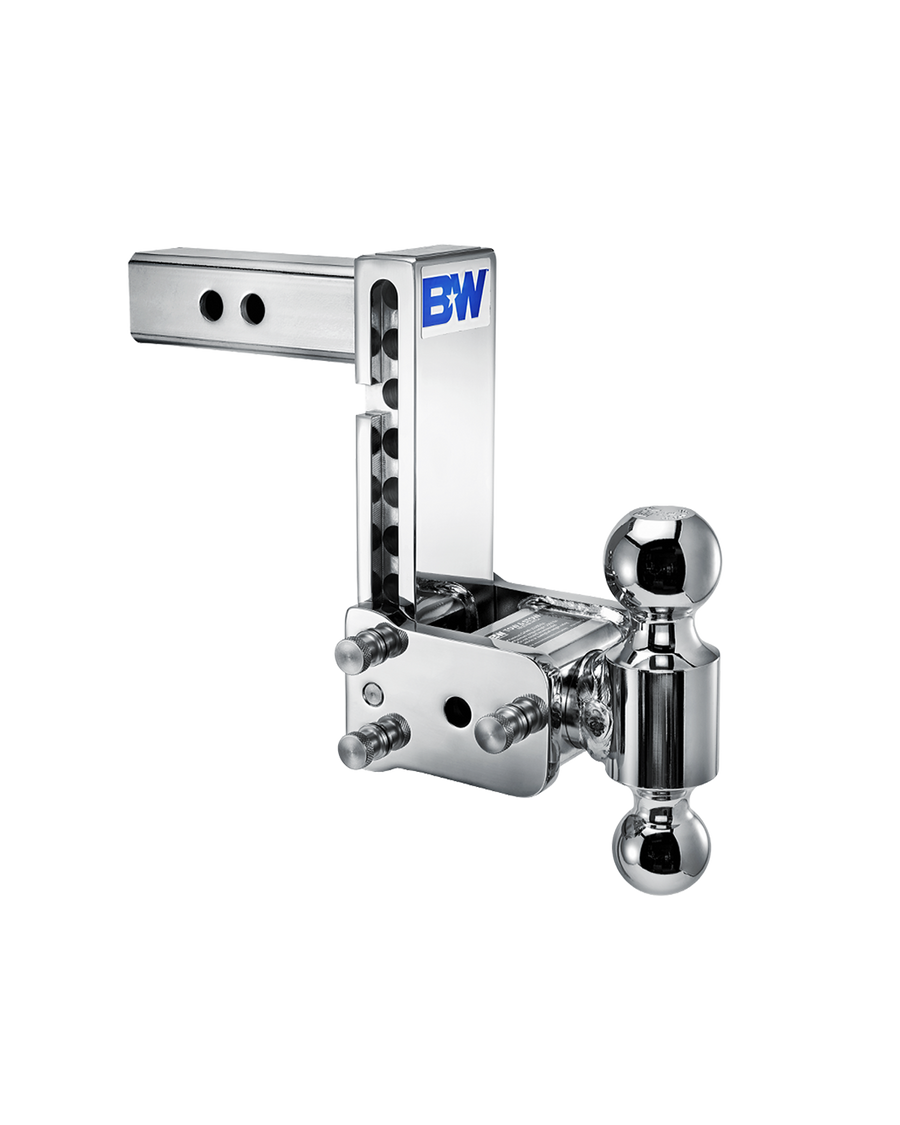 B&W dual ball, chrome Tow & Stow Adjustable Ball Mount with a 7" drop.
