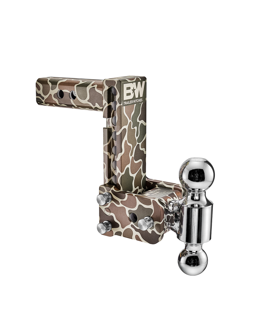 B&W dual ball, camo Tow & Stow Adjustable Ball Mount with a 2" shank and a 7" drop.
