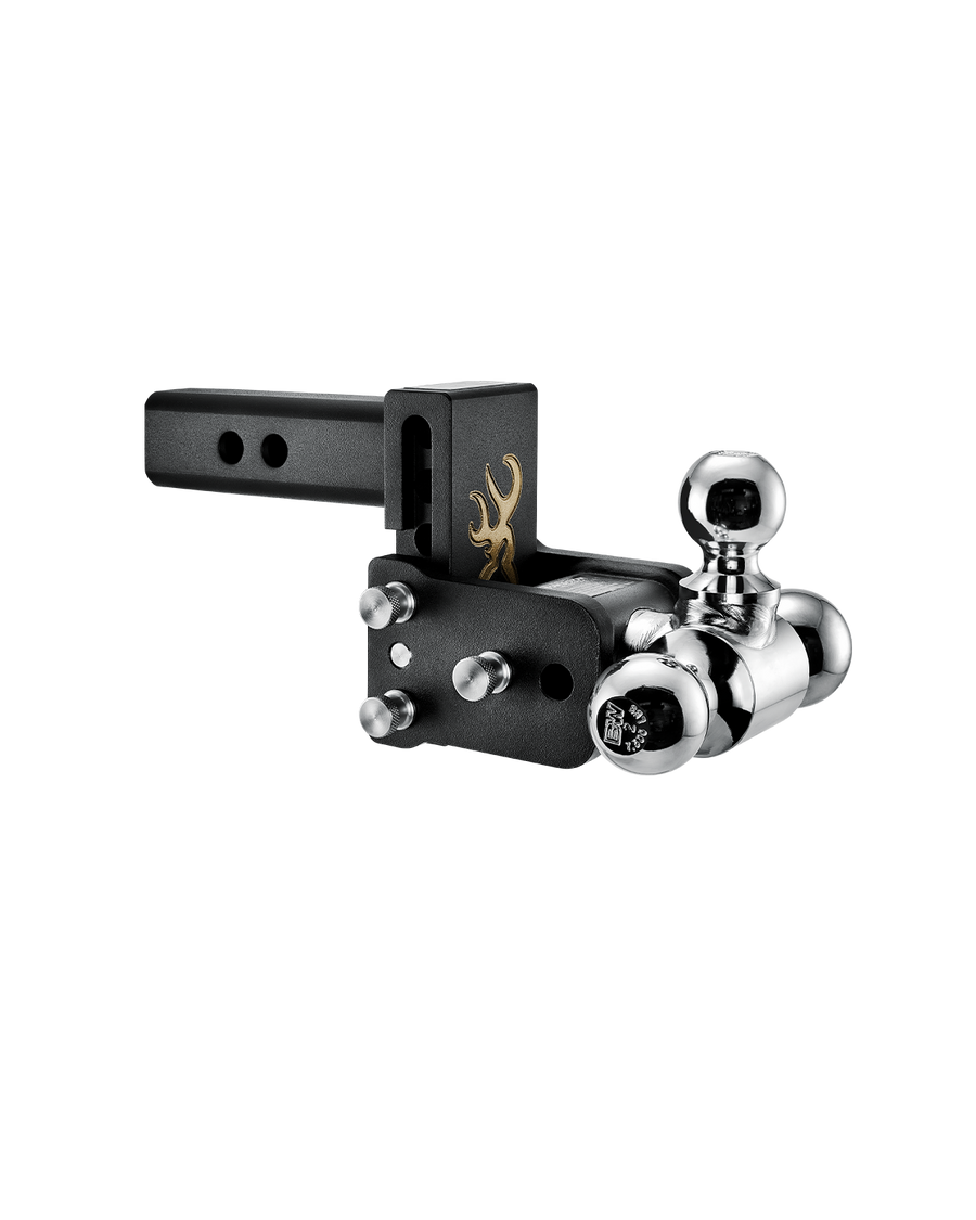 B&W tri-ball, black Tow & Stow Adjustable Ball Mount with a 3" drop and a Browning logo.