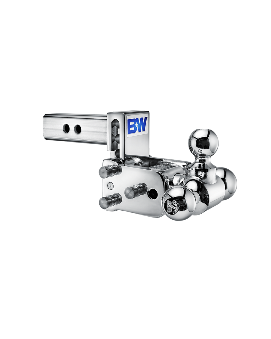 B&W Trailer Hitches chrome Tow & Stow Adjustable Ball Mount with a 3" drop.