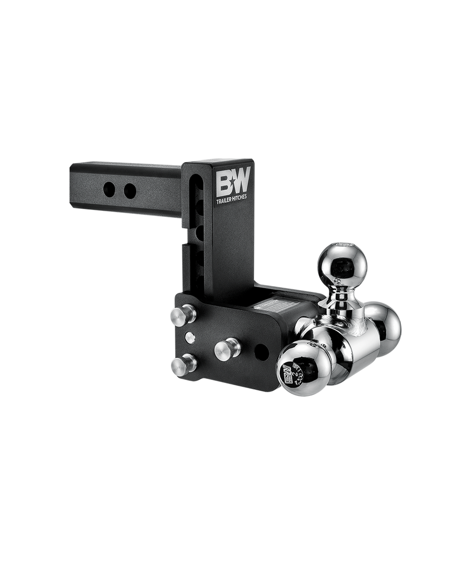 B&W tri-ball, black Tow & Stow Adjustable Ball Mount with a 5" drop.