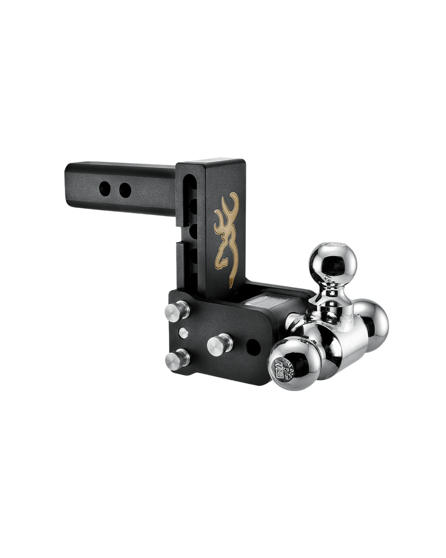 B&W tri-ball, black Tow & Stow Adjustable Ball Mount with a 5" drop and a Browning logo.