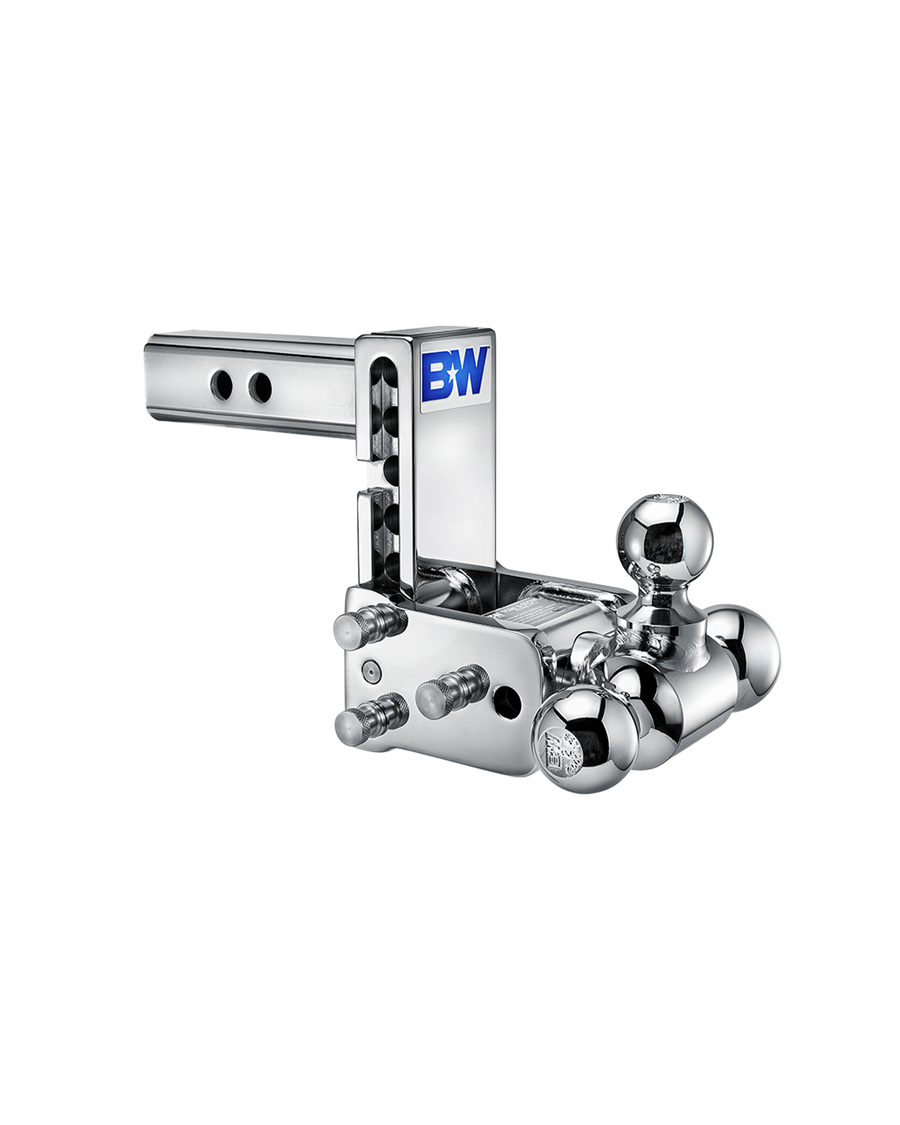 B&W tri-ball, chrome Tow & Stow Adjustable Ball Mount with a 5" drop.