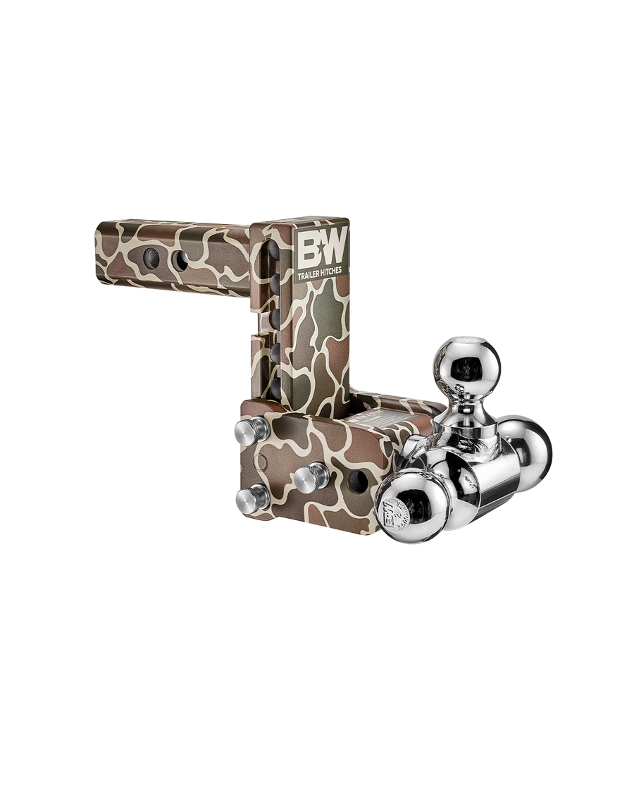 B&W tri ball, camo Tow & Stow Adjustable Ball Mount with a 2" shank and a 5" drop.