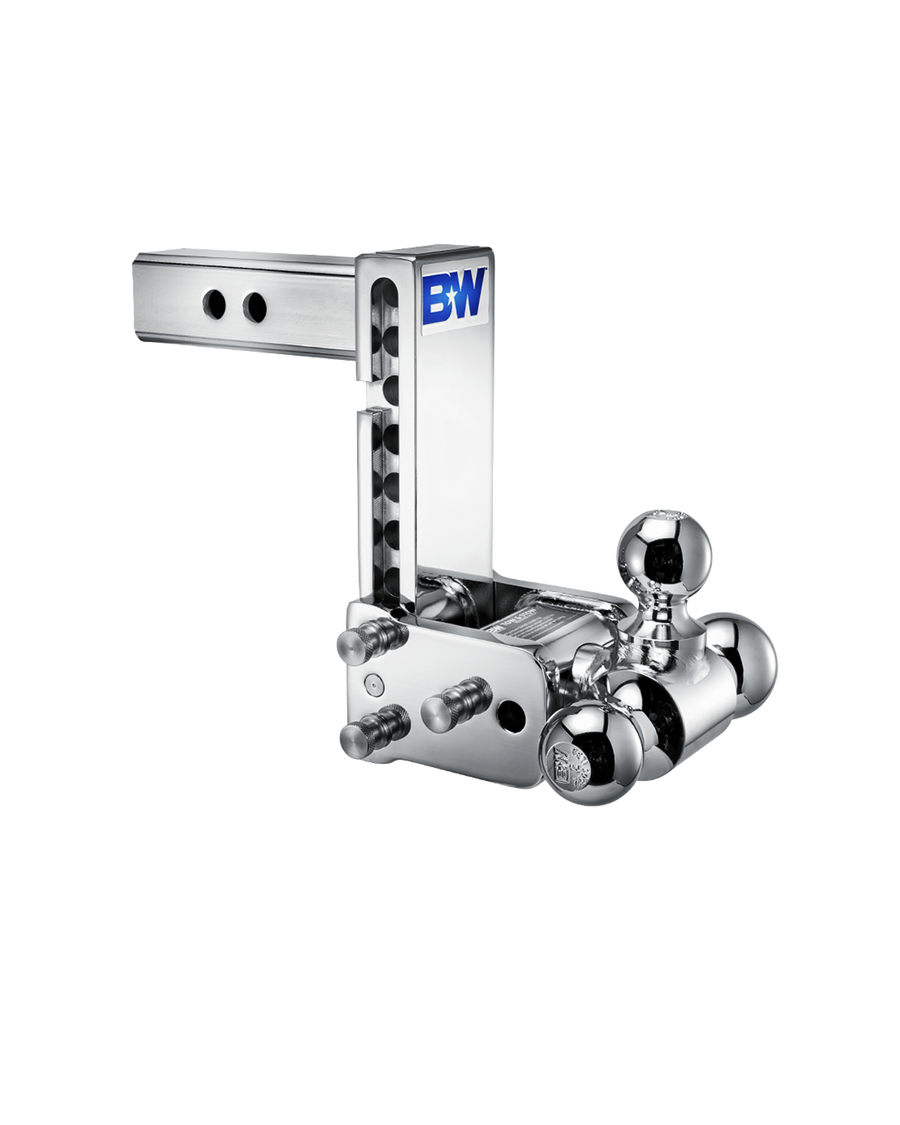 B&W tri-ball, chrome Tow & Stow Adjustable Ball Mount with a 7" drop.