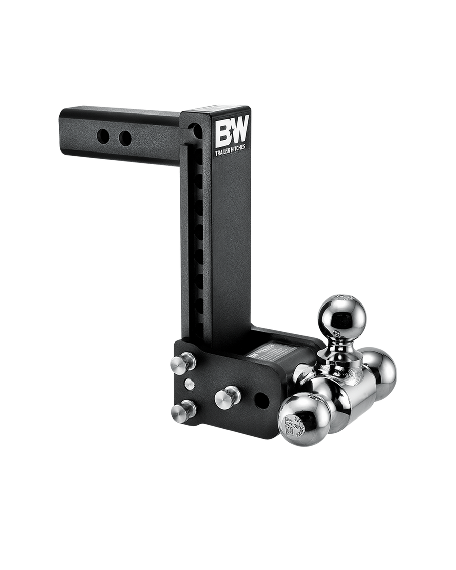 B&W tri-ball, black Tow & Stow Adjustable Ball Mount with a 9" drop.