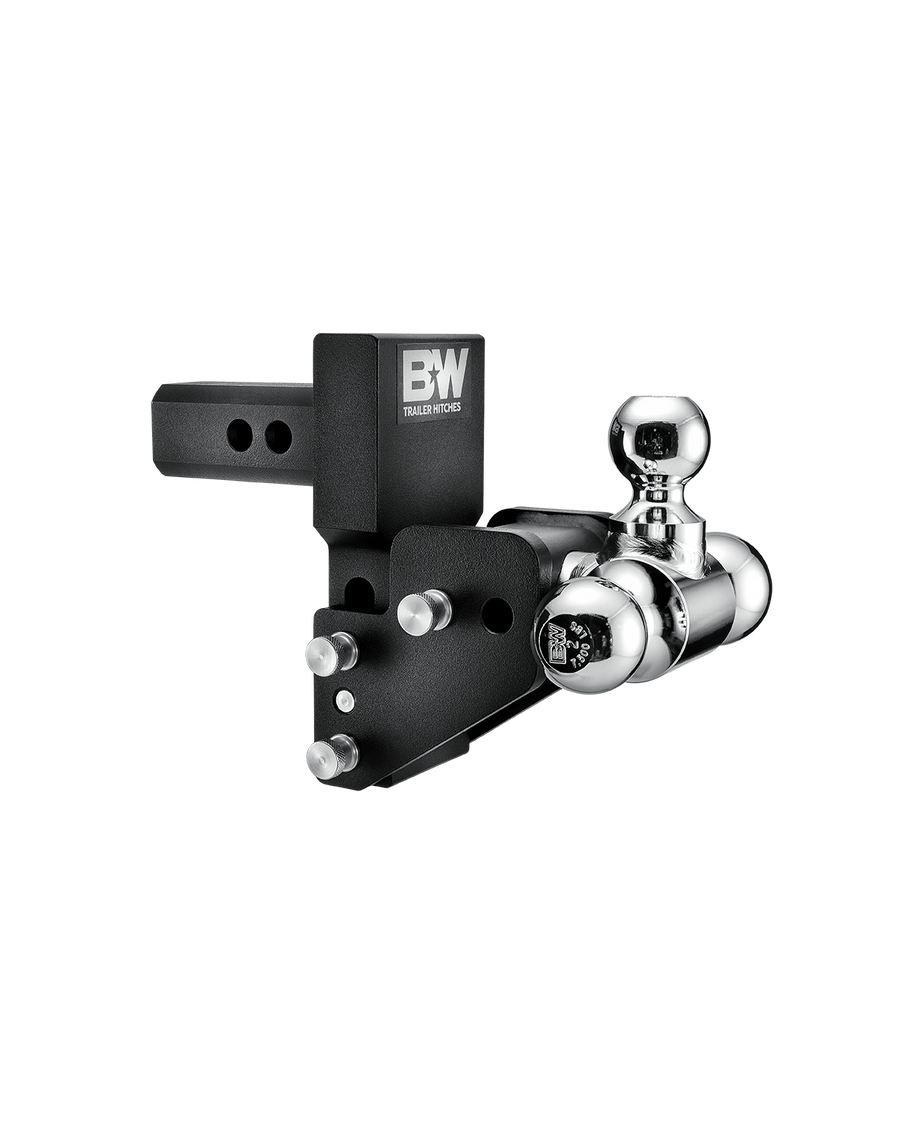 B&W Trailer Hitches black multipro Tow & Stow with three balls, 2" shank, & 2.5" drop.