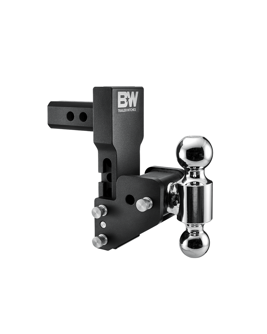B&W Trailer Hitches black multipro Tow & Stow with dual balls, 2" shank, & 4.5" drop.