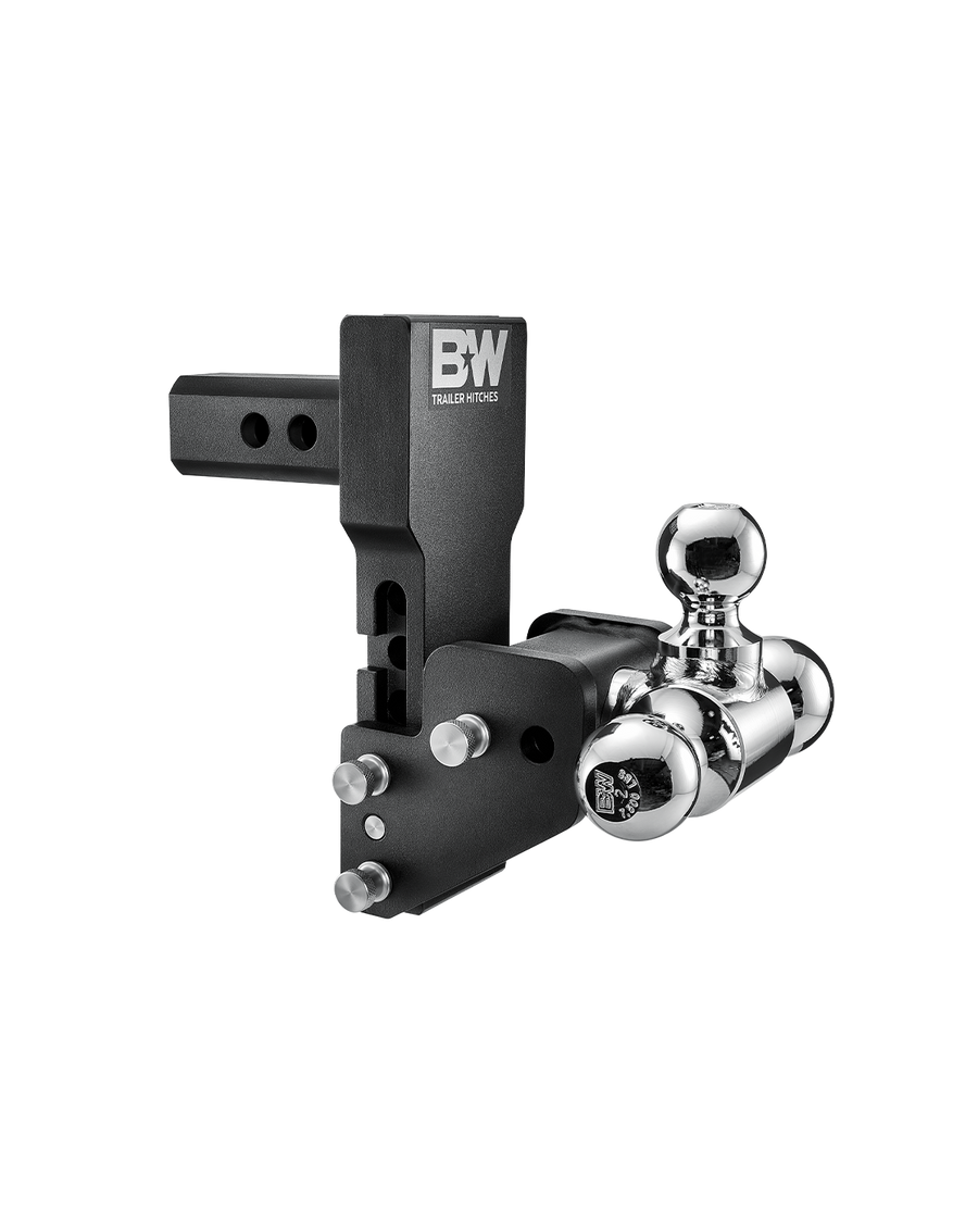 B&W Trailer Hitches black multipro Tow & Stow with three balls, 2" shank, & 4.5" drop.