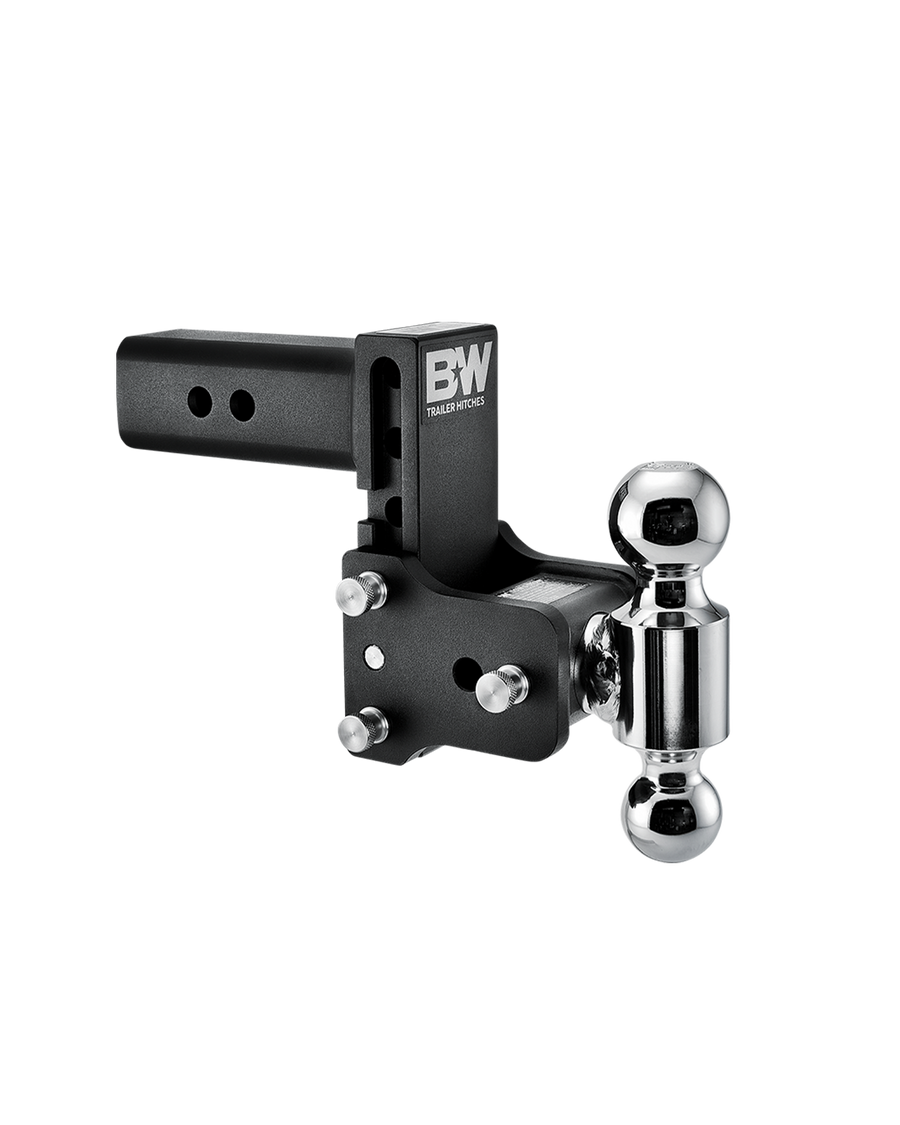 B&W dual ball, black Tow & Stow Adjustable Ball Mount with a 5" drop.