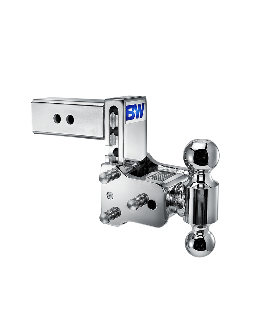 B&W Trailer Hitches chrome Tow & Stow Adjustable Ball Mount with a 5" drop.