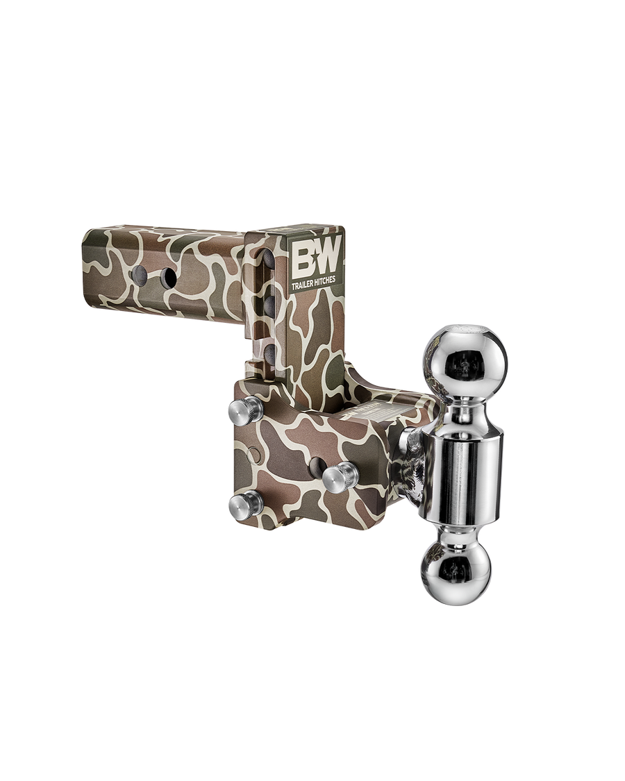 B&W dual ball, camo Tow & Stow Adjustable Ball Mount with a 2.5" shank and a 5" drop.