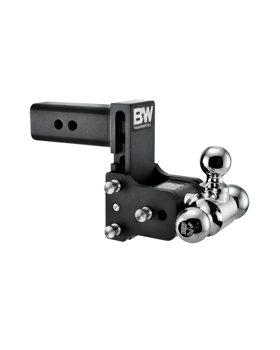 B&W tri-ball, black Tow & Stow Adjustable Ball Mount with a 5" drop.