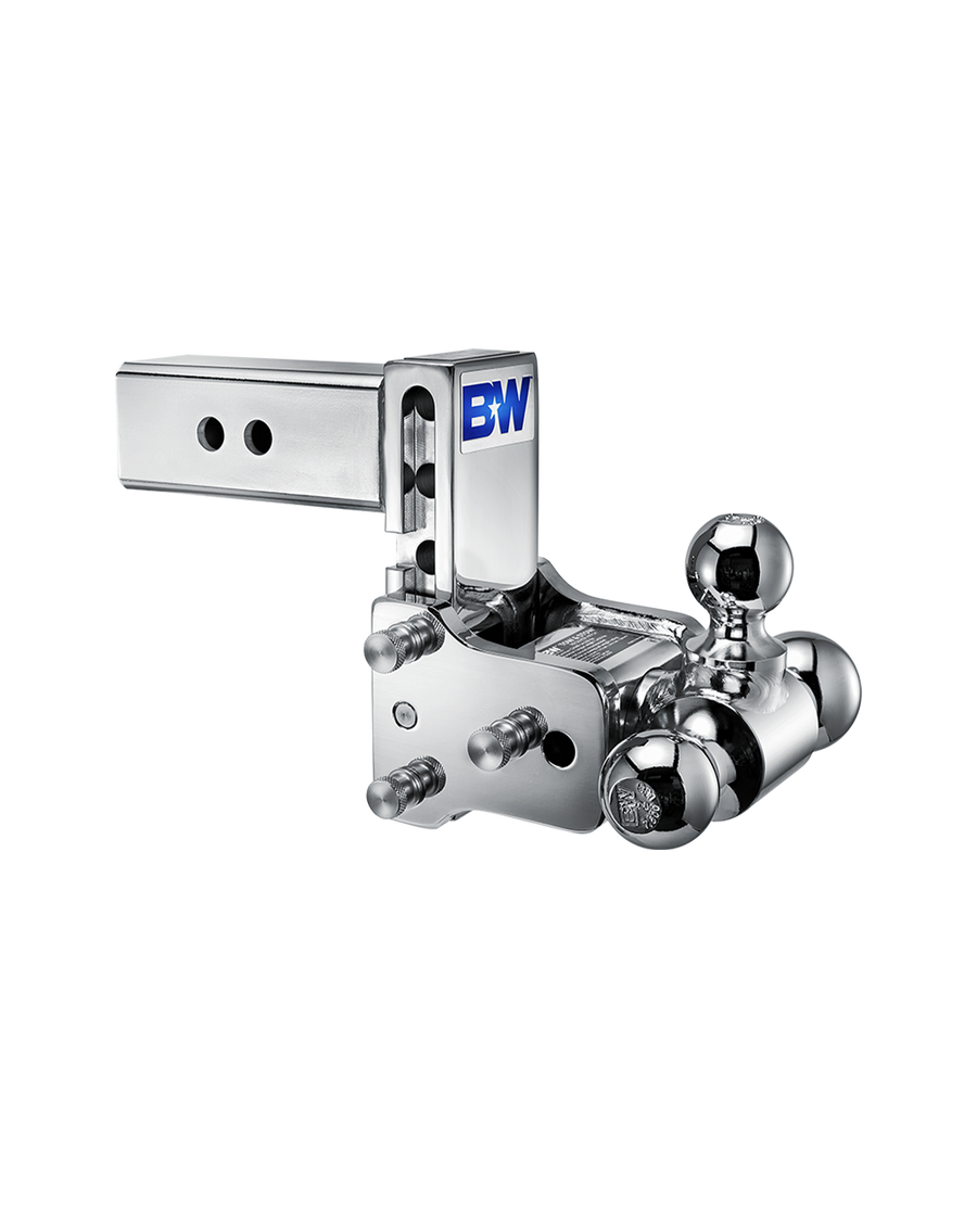 B&W tri-ball, chrome Tow & Stow Adjustable Ball Mount with a 5" drop.