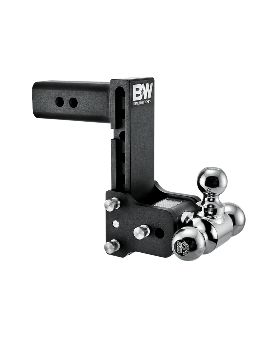 B&W tri-ball, black Tow & Stow Adjustable Ball Mount with a 7" drop.