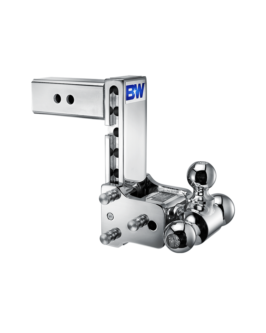 B&W tri-ball, chrome Tow & Stow Adjustable Ball Mount with a 7" drop.