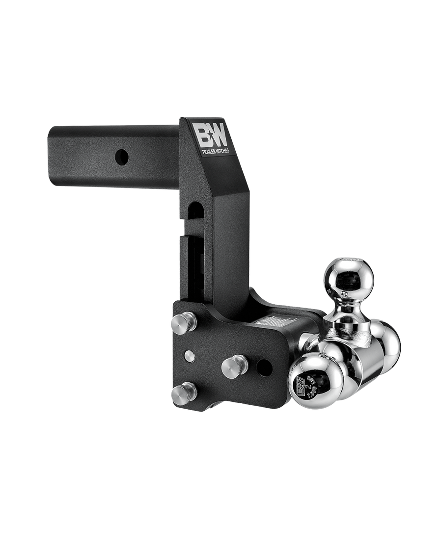B&W Trailer Hitches black multipro Tow & Stow with three balls, 2.5" shank, & 7" drop.