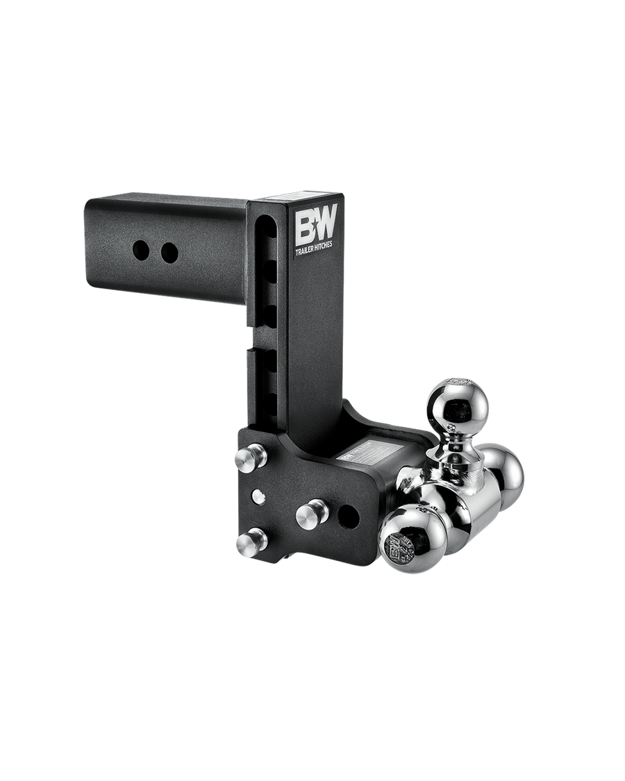 B&W tri-ball, black Tow & Stow Adjustable Ball Mount with a 7.5" drop.